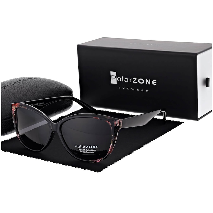 Ochelari de soare dama, Polarzone, cu filtru UV400, negri cu detalii florale, 13.8x5.1cm