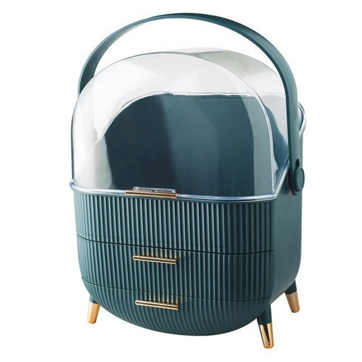 Organizator cosmetice, LEAN, verde/transparent, 37x25x18.5cm, 2 sertare extensibile