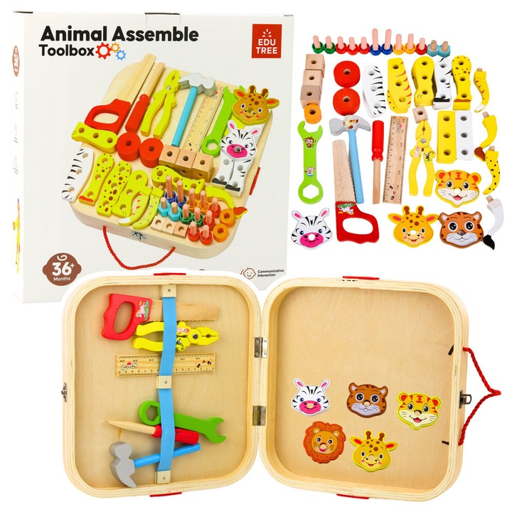 Set unelte pentru copii LEAN TOYS, 59 piese, animale de asamblat, cutie din lemn, 32x31x6cm