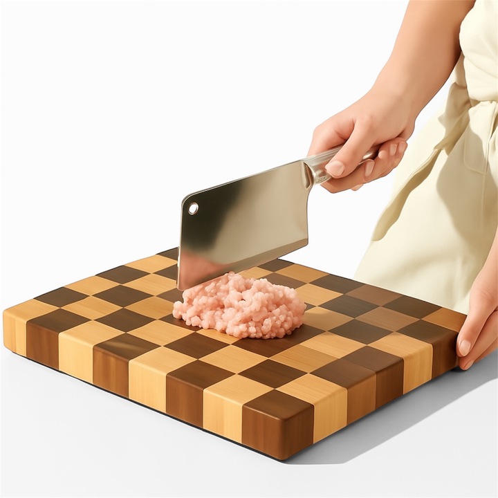 Tocator Premium din Lemn de Cauciuc, design tabla de sah, rotunjit, 40x60cm