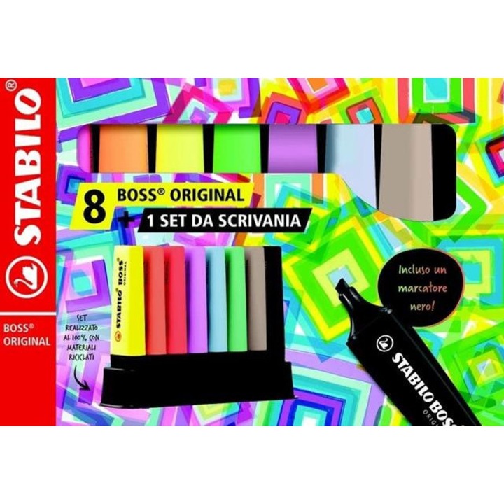 Комплект от 8 маркера STABILO Boss Original, дебелина 2-5 мм, мастило на водна основа, многоцветни