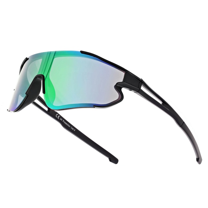 Ochelari de soare sportivi pentru copii, Stylion, negru, 12.5x4.9cm, cu sac pentru ochelari si stergator