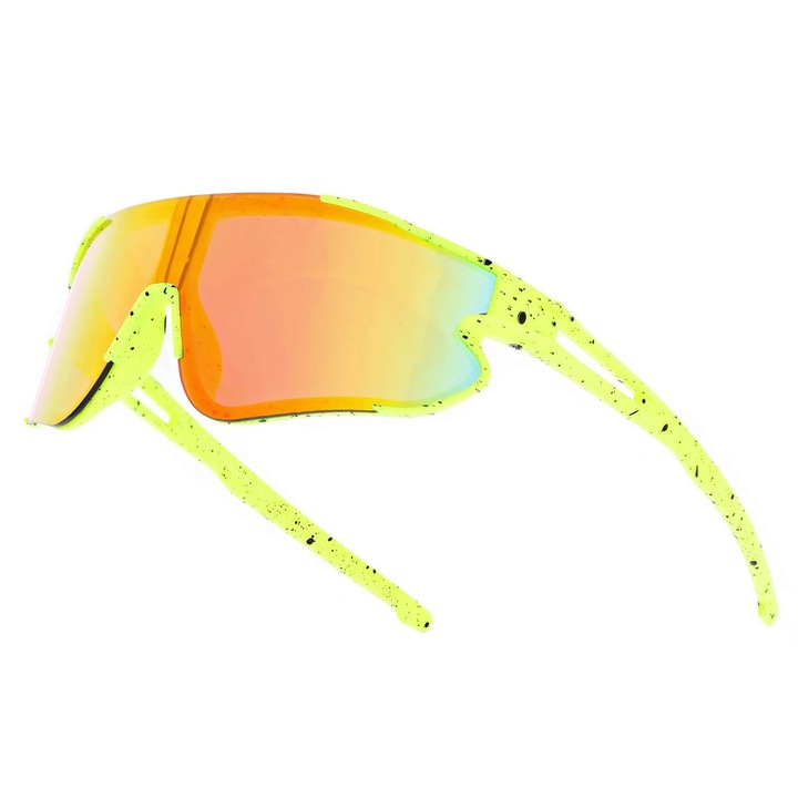 Ochelari sportivi de soare pentru copii, Stylion, galben neon, lentile portocalii, UV400, cu sac pentru ochelari si batista de curatare