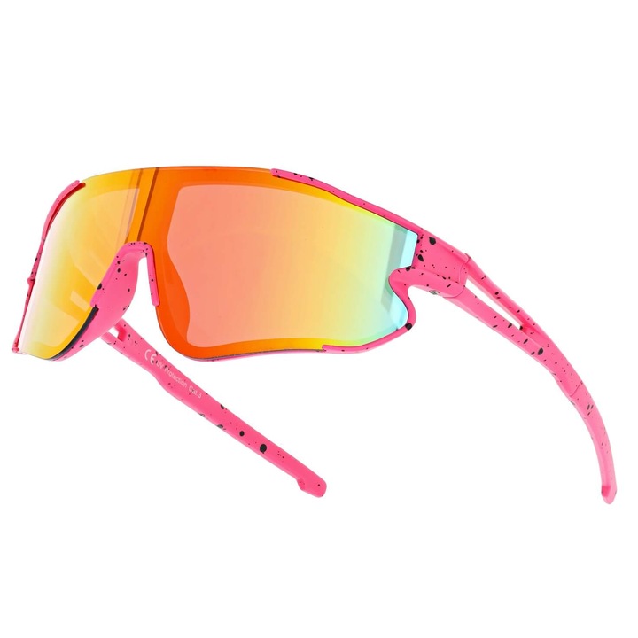 Ochelari de soare sportivi pentru copii, Stylion, roz, lentile portocaliu, cu sac pentru ochelari si stergator
