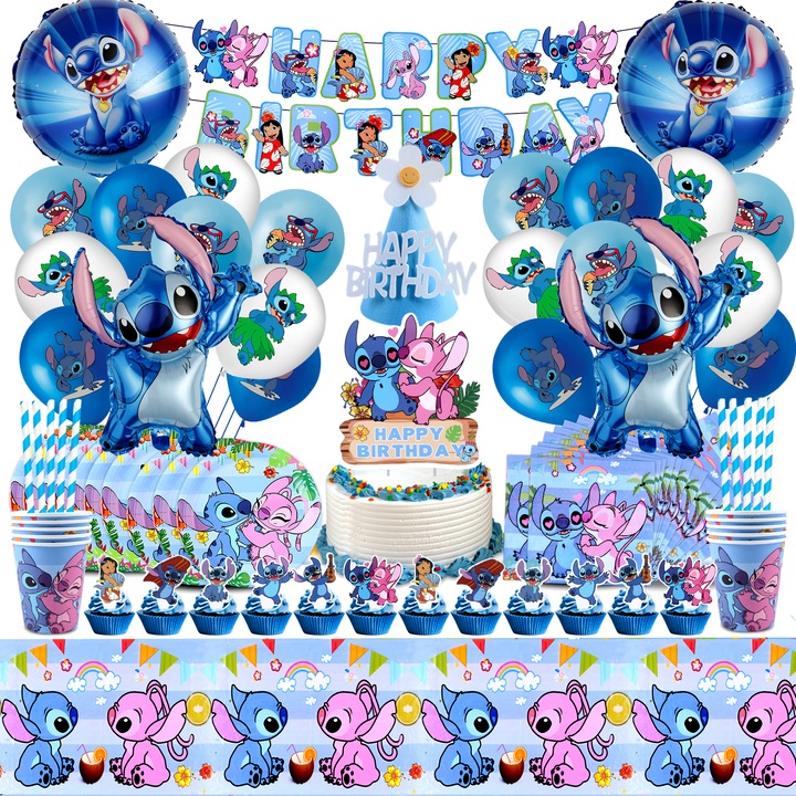 Комплект декорации за парти Стич, декорации за рожден ден на Стич, латексови балони, декорация за торта Лило и Стич, фон за рожден ден на Стич, многоцветни