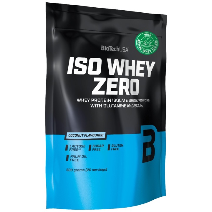 Iso Whey Zero BioTech 500 g, proteina din zer, fara lactoza, aroma de cocos
