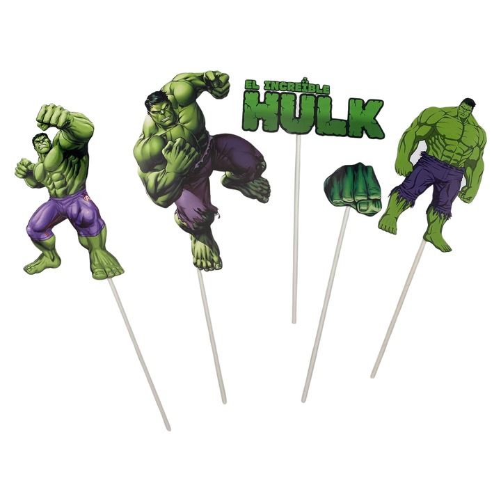 Decoratiune topper tort carton, tematica Hulk, aniversare - 5 piese