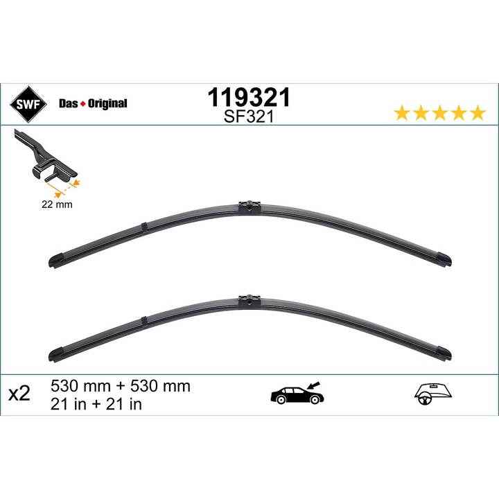 Ablaktörlő lapát készlet, SWF, 530x21mm, balkormányos járművekhez, konzol nélkül