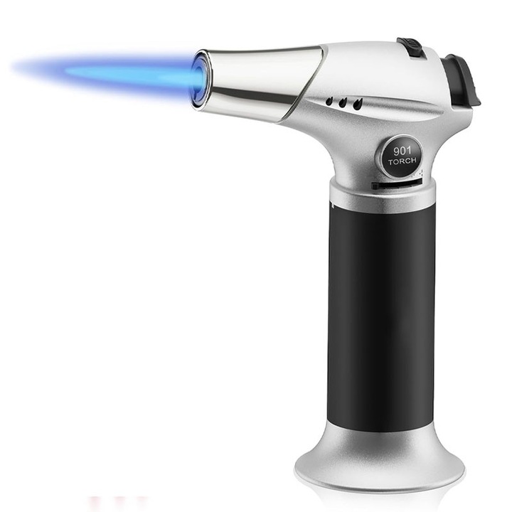 Arzator portabil de flambat, Rqiurpn, Flacara ajustabila, Reutilizabile, MaxIm 1300 grade C, Functioneaza cu butelii gaz, Pentru bucatarie si cofetarie cu gaz, Gri