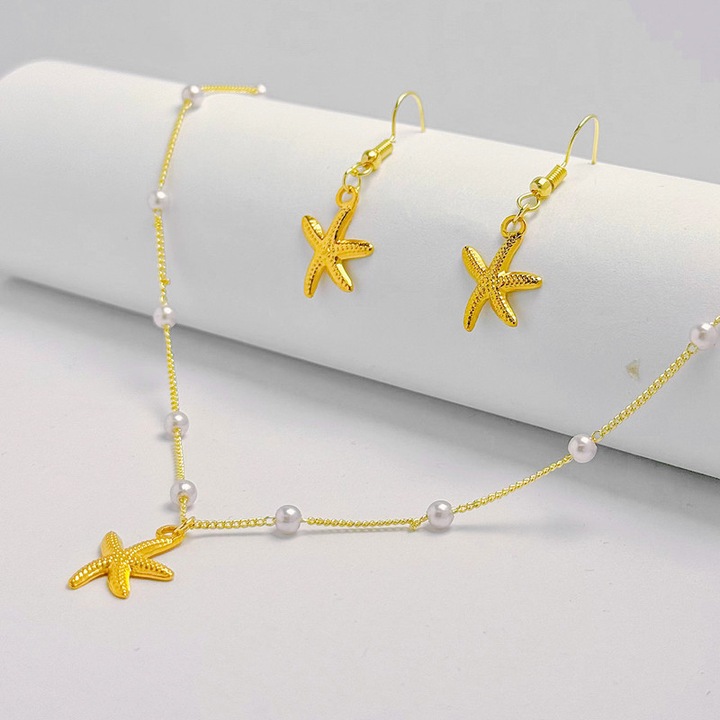 Set colier/cercei dama stea de mare, Mczan, Cupru, Placat cu aur 14K, Auriu/Alb