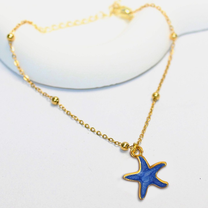 Bratara dama stea de mare, Mczan, Cupru, Ajustabila, Placata cu aur 18K, Auriu/Albastru