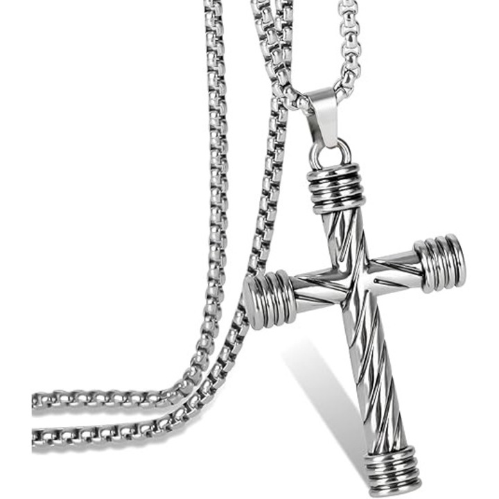 Colier vintage gotic cu pandantiv in forma de cruce, XINGGUI, argintiu, 1.49"x1.88", lungime lant 27"