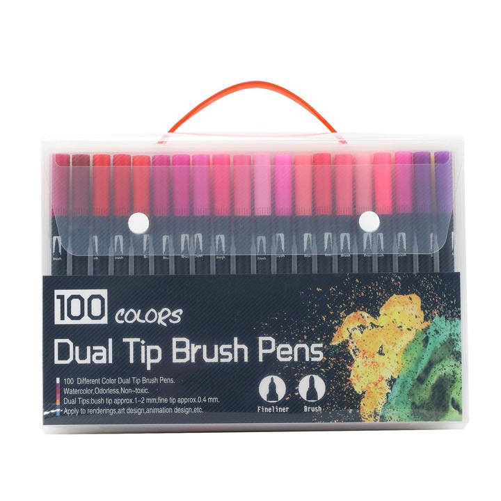 Set 100 Carioci, pe Baza de Apa, 2 Tipuri de Varf, 1-2 mm, 0.4 mm, Corp Carioca Negru, din Plastic, Multicolor