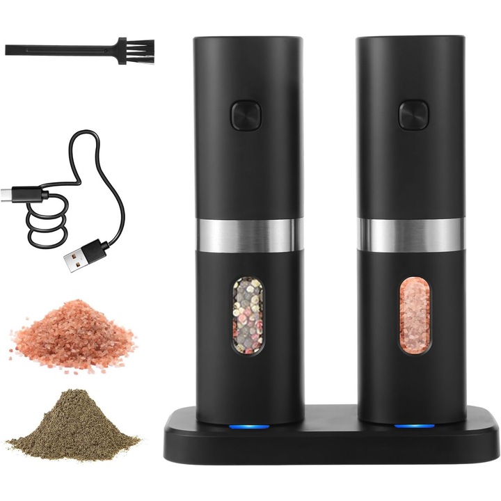Комплект 2 електрически мелнички за сол и пипер, Fudisenn®, Подходящи за сол, пипер и други подправки, Презареждащи се, USB кабел, Четка за почистване, Стойка за зареждане, Черен