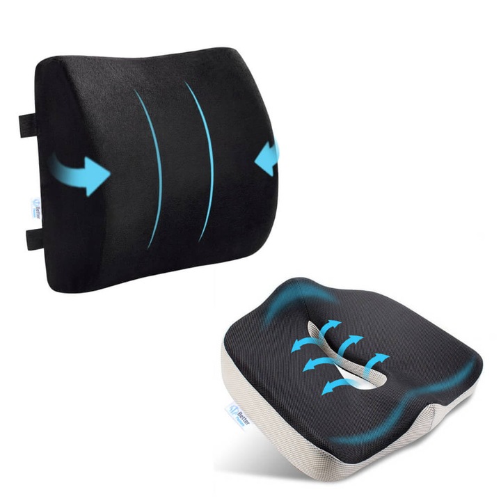 Pachet perna ortopedica pentru sezut din spuma cu memorie Better Posture Premium si perna lombara pentru birou sau automobil din spuma cu memorie Better Posture Lite