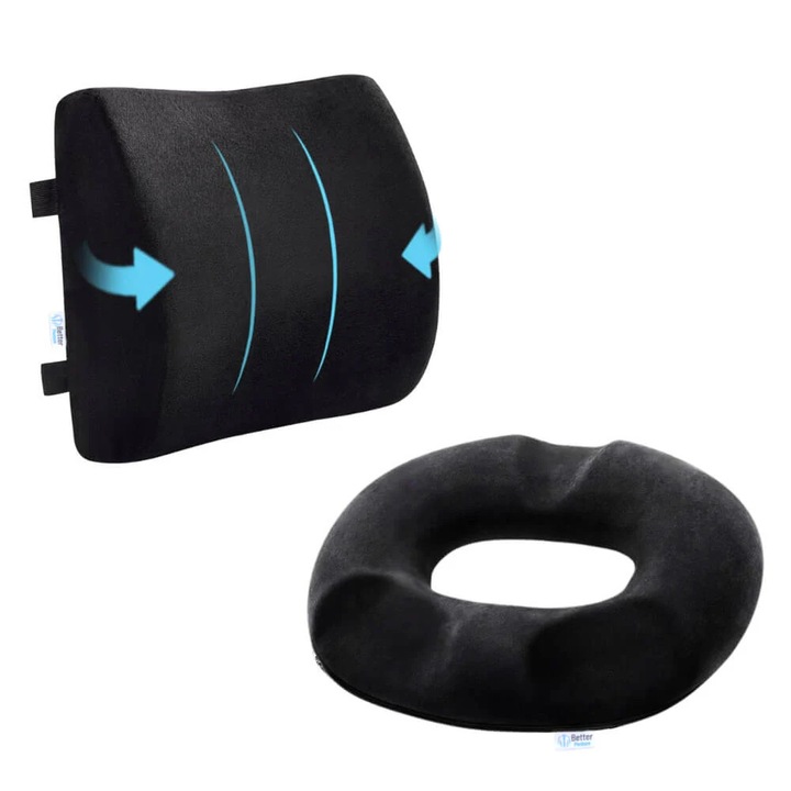 Pachet perna ortopedica colac pentru hemoroizi, de sezut, din spuma cu memorie Better Posture Pro si perna lombara pentru birou sau automobil din spuma cu memorie Better Posture Lite