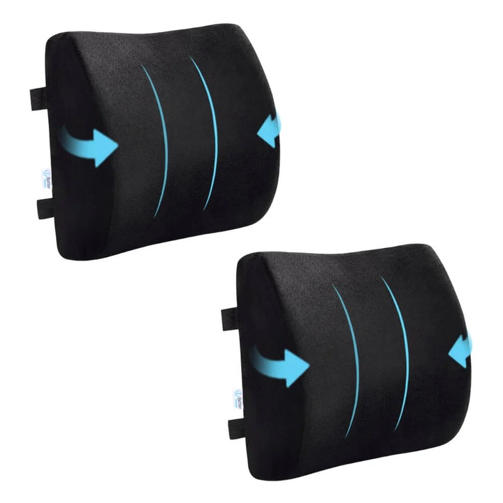 Pachet 2 perne lombare pentru birou sau automobil din spuma cu memorie Better Posture Lite, Negru, 33 x 31 x 10 cm