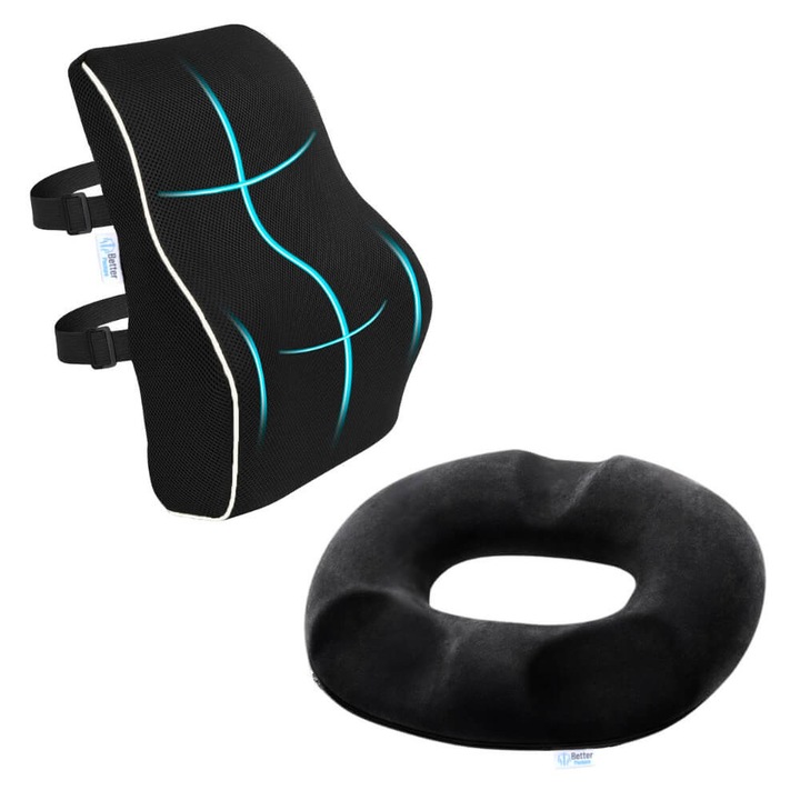 Pachet perna ortopedica colac pentru hemoroizi, de sezut, din spuma cu memorie Better Posture Pro si perna lombara pentru birou sau automobil din spuma cu memorie Better Posture Pro