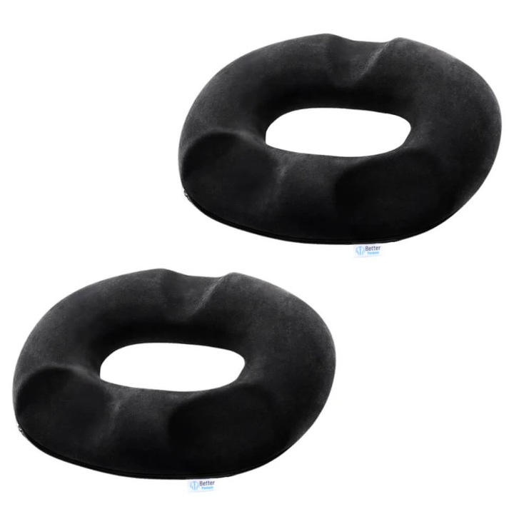 Pachet 2 perne ortopedice colac pentru hemoroizi de sezut din spuma cu memorie Better Posture Pro, Negru, 45 x 41 x 8 cm