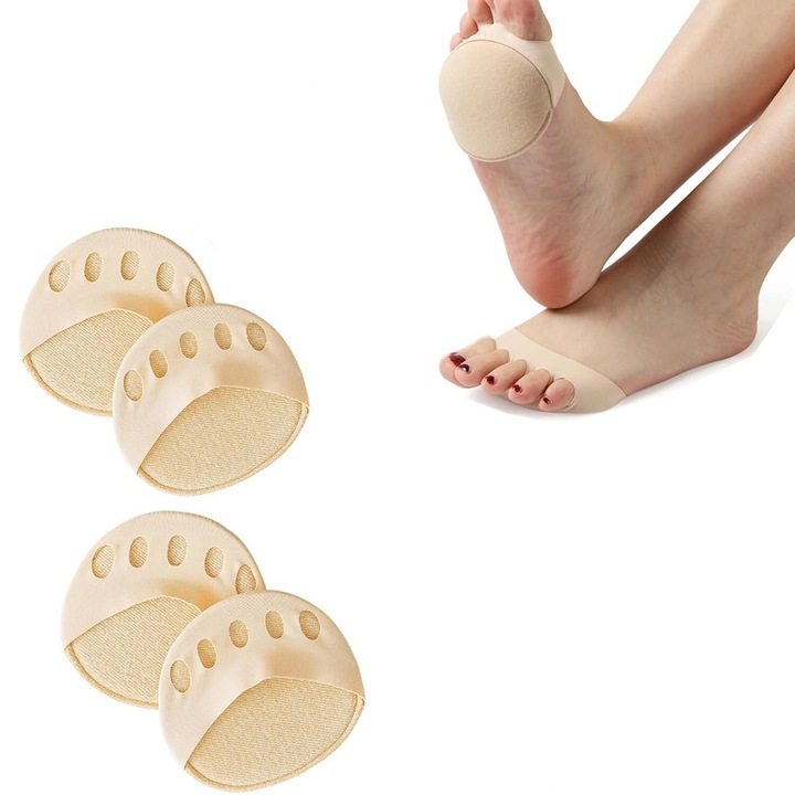 Set 2 perechi Pernite metatarsiene cu separator de degete, reutilizabile, suport arc plantar, unisex, marime universala, din bumbac si spuma, insertii pentru talpa piciorului, bej