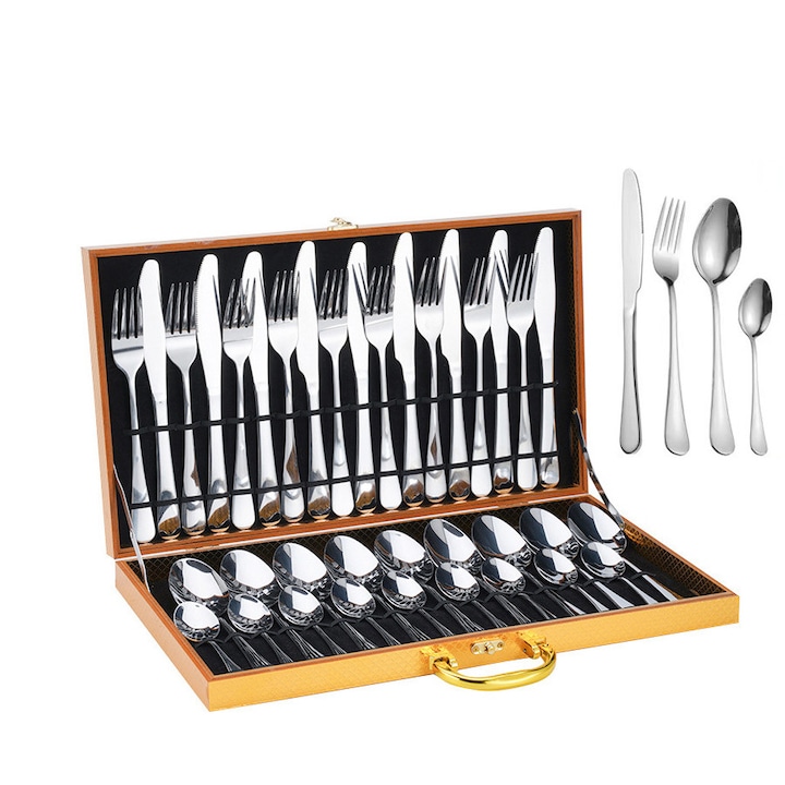 Комплект от 36 прибора от INOX, Fudisenn®, 9 x Ножове, 9 x Лъжици, 9 x Вилици, 9 x Чаени лъжички, С кутия за съхранение, Сребрист