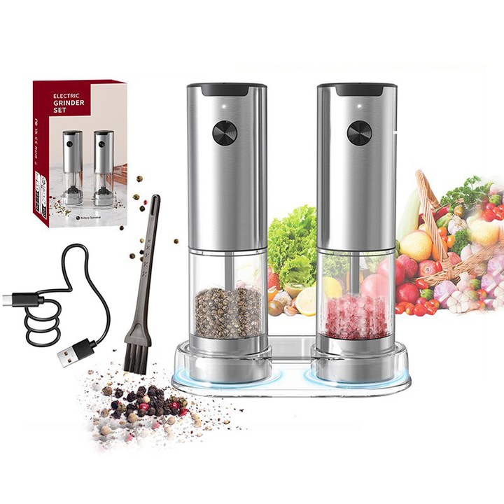 Fudisenn 2 db elektromos só- és borsőrlő készlet, Alkalmas sóhoz, borshoz és egyéb fűszerekhez, Újratölthető, USB kábel, Tisztítókefe, Tárolótalp, ezüst
