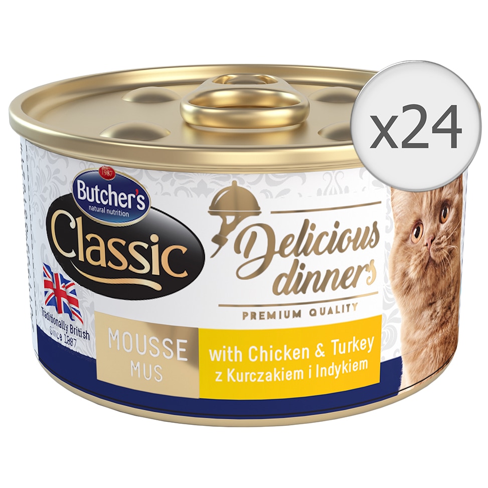 Hrana umeda pentru pisici Butcher's Delicious Dinners, Mousse, Pui si Curcan, 24x85g
