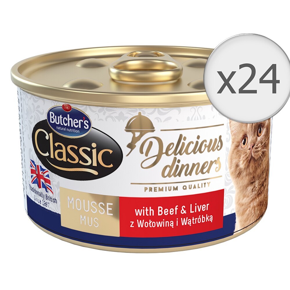 Hrana umeda pentru pisici Butcher's Delicious Dinners, Mousse, Vita si Ficat, 24x85g