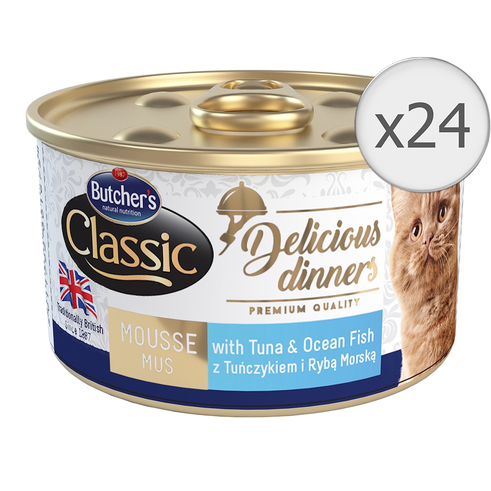 Hrana umeda pentru pisici Butcher's Delicious Dinners, Mousse, Ton si Peste Oceanic, 24 Buc x 85g