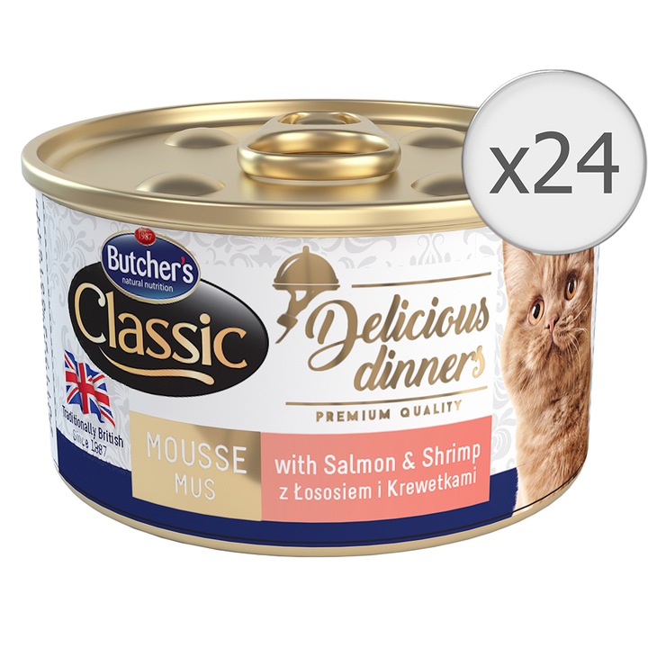 Butcher's Delicious Dinners Mousse Nedves macskaeledel, Lazac és Garnélarák, 24x85g