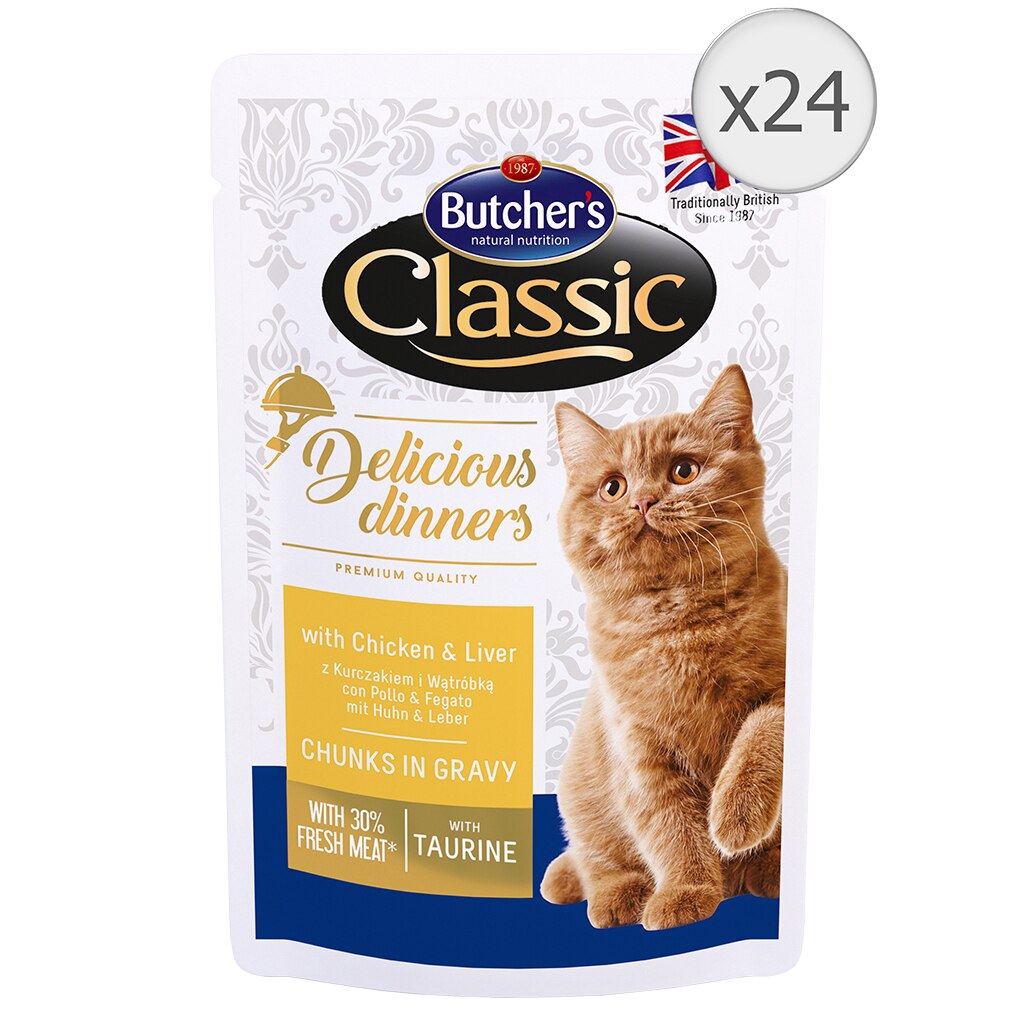 Hrana umeda pentru pisici Butcher's Delicious Dinners, Pui si Ficat, Pouch, 24x100g