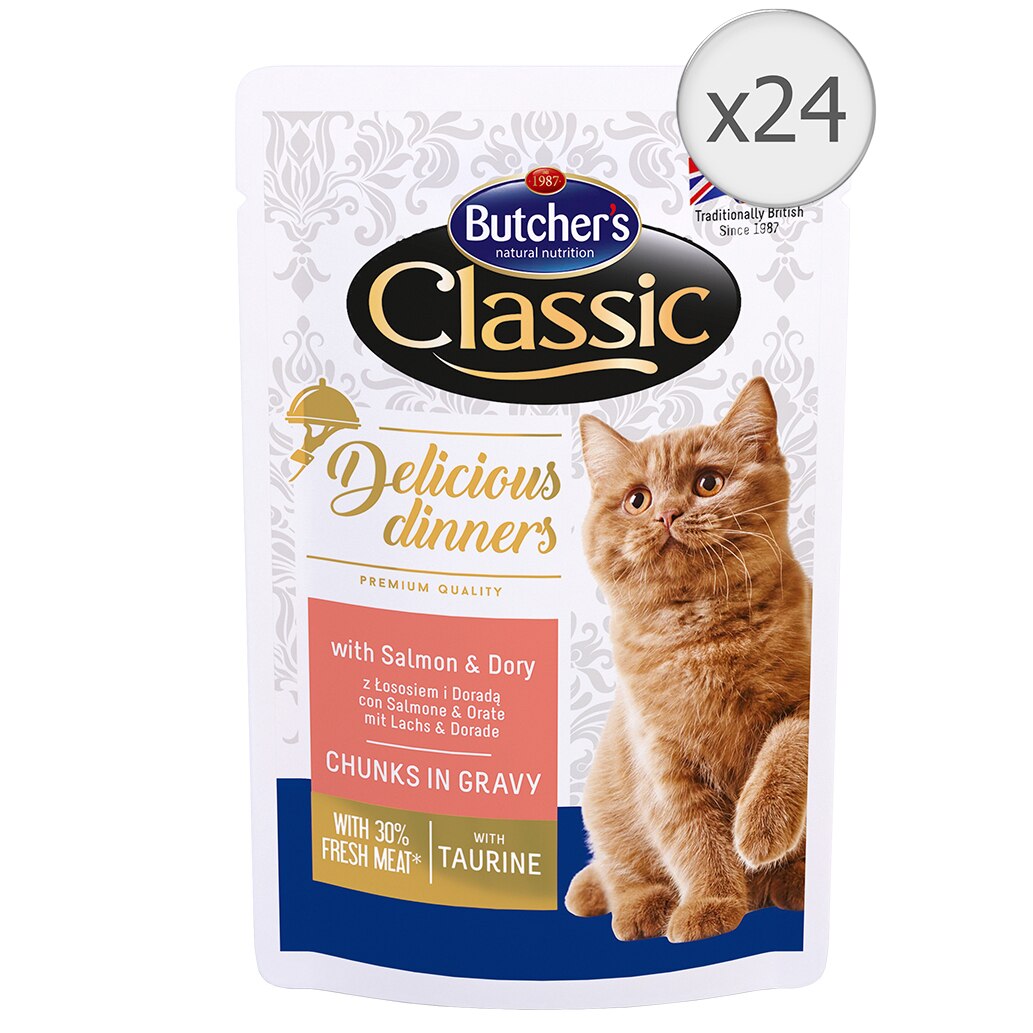 Hrana umeda pentru pisici Butcher's Delicious Dinners, Somon si Dorada, Pouch, 24x100g