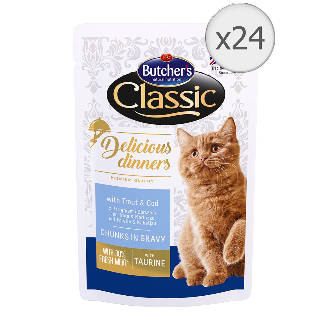 Hrana umeda pentru pisici Butcher's Delicious Dinners, Pastrav si Cod, Pouch, 24x100g