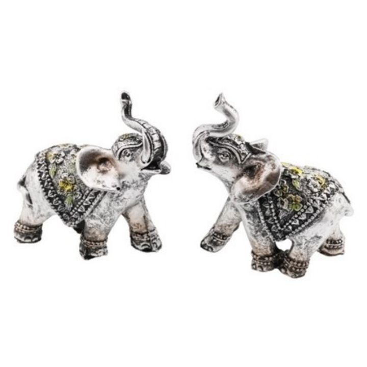 GOBI® Gyanta Feng Shui Szoborkészlet Elefántokkal, Emelt Ormányú Virágokkal, 8.3cm, Z12