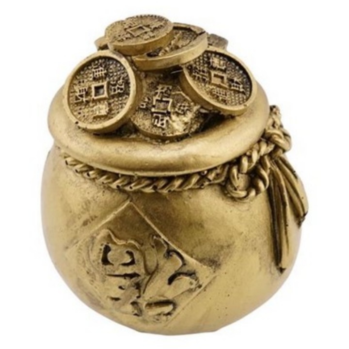 Statueta GOBI® a Feng Shui din rasina cu Vasul Prosperitatii cu monede si funda, 6, 4cm, Z4