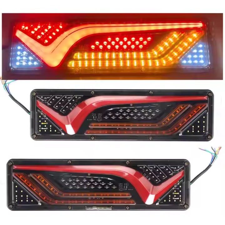 Set 2 Lampi Auto LED Spate, Universale, pentru Remorca, Camion si Trailer, 24V, Functii Semnalizare, Pozitie, STOP, 46x13cm, rosu / chihlimbar / alb