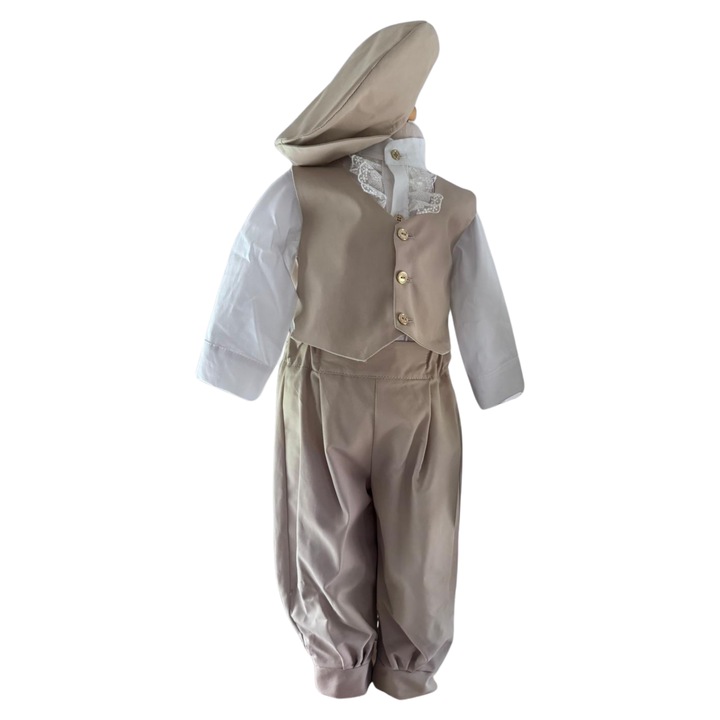Costum botez baieti, material subtire, set 4 piese: pantalon, camasa, vesta, bereta, 9-12 luni, bej