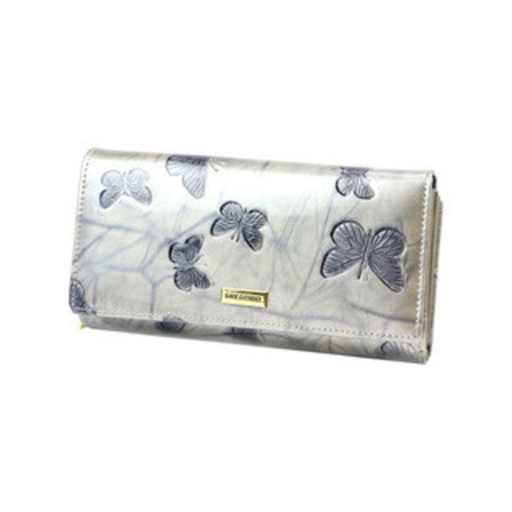 Portofel dama Gregorio, piele naturala, design cu fluturi, 2 compartimente, auriu