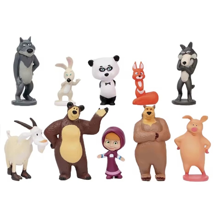 Комплект от 10 фигурки Маша и Мечока, Декорация за торта, Mbong, 6 см