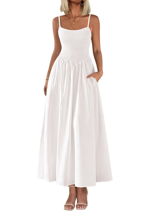 Rochie maxi alba pentru femei, PHIKER, design boho, bretele ajustabile, Alb