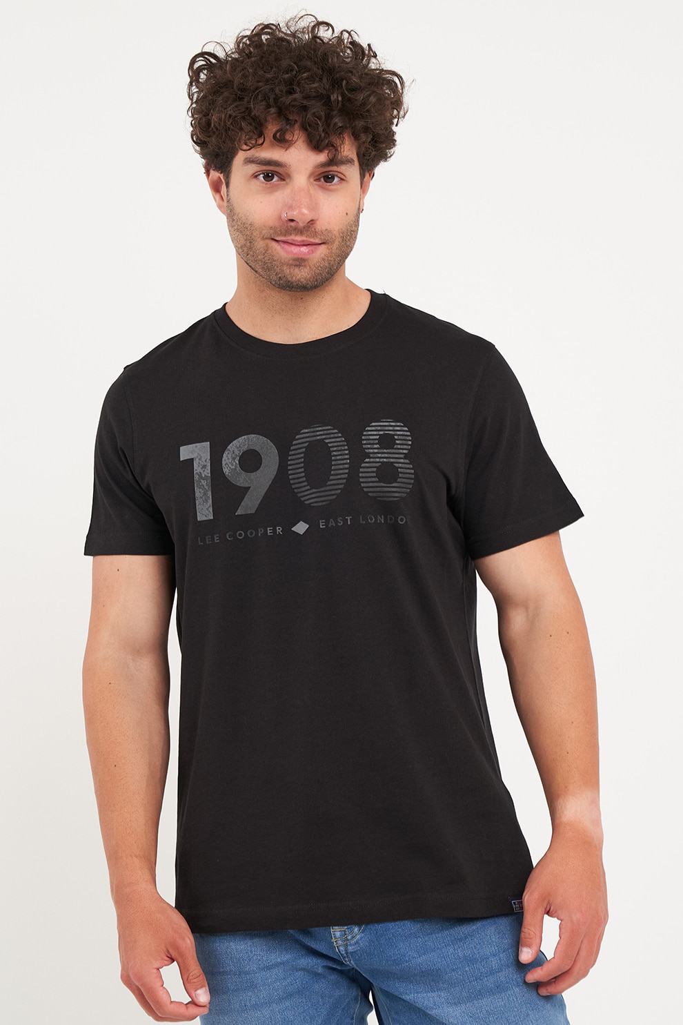 Lee Cooper, Tricou cu decolteu la baza gatului si imprimeu, Negru, Gri, 2XL