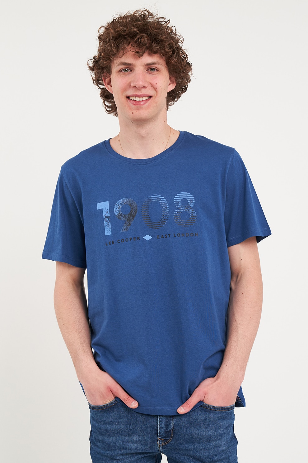 Lee Cooper, Tricou cu decolteu la baza gatului si imprimeu, Albastru royal, Gri inchis, 2XL