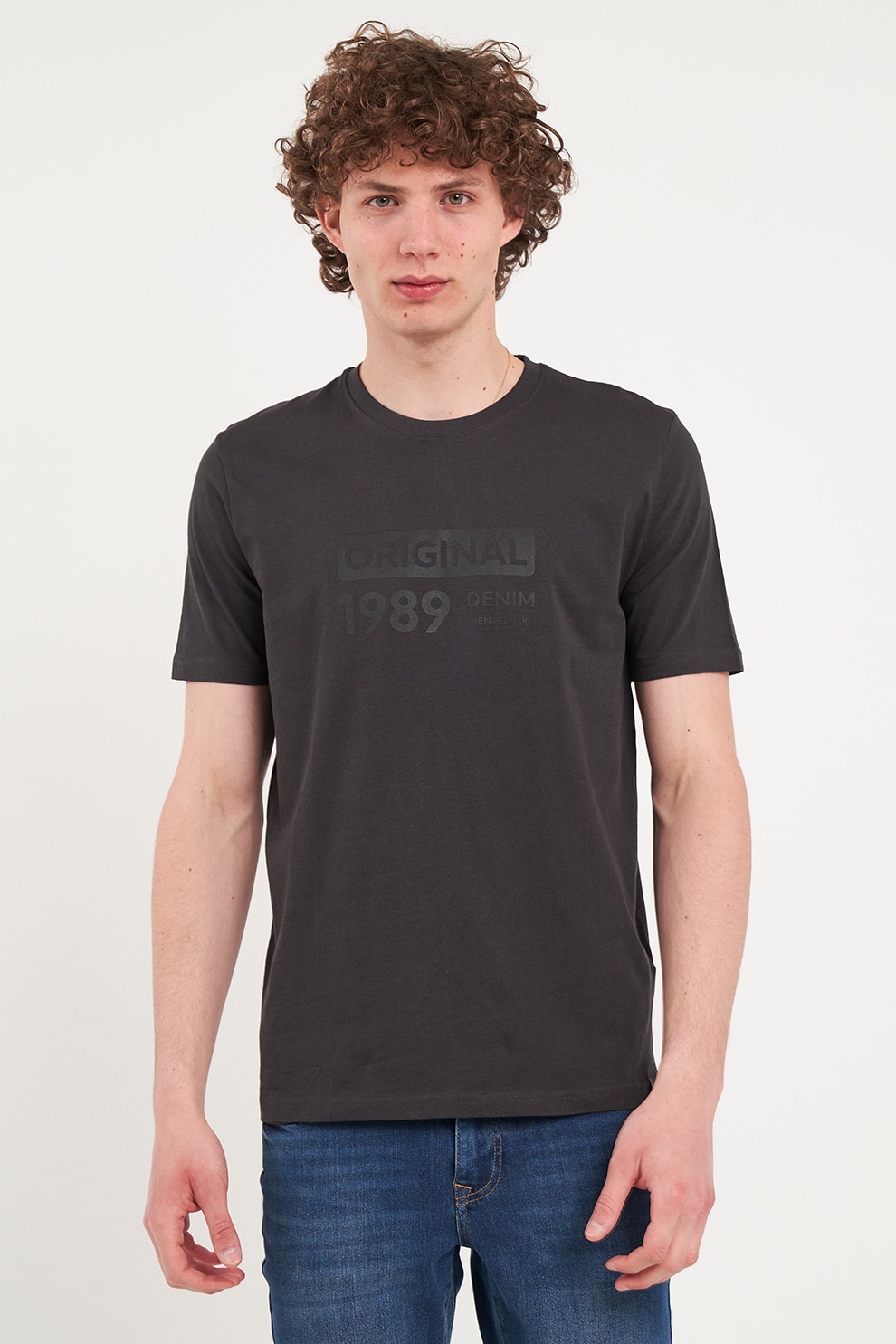 KVL by KENVELO, Tricou din bumbac cu imprimeu text, Gri antracit, XL