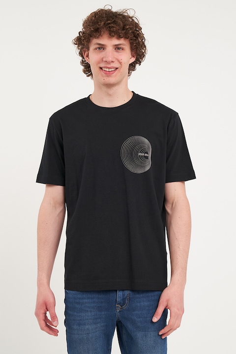 KVL by KENVELO, Tricou cu decolteu la baza gatului si imprimeu grafic, Negru/Bej