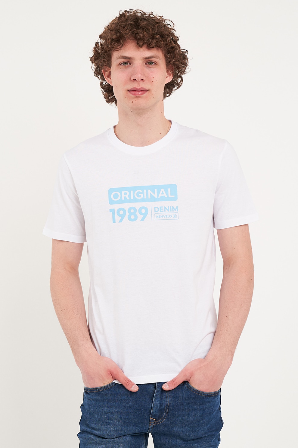 KVL by KENVELO, Tricou din bumbac cu imprimeu text, Alb, Albastru glaciar, S