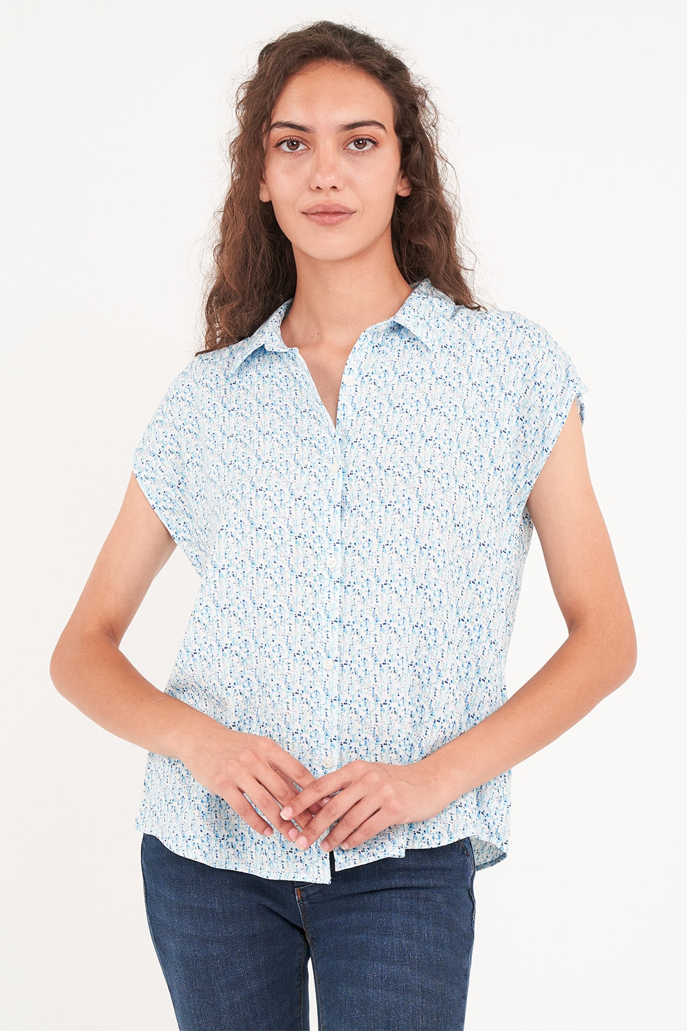 Lee Cooper, Camasa cu maneci scurte si model, Alb, Albastru deschis, M