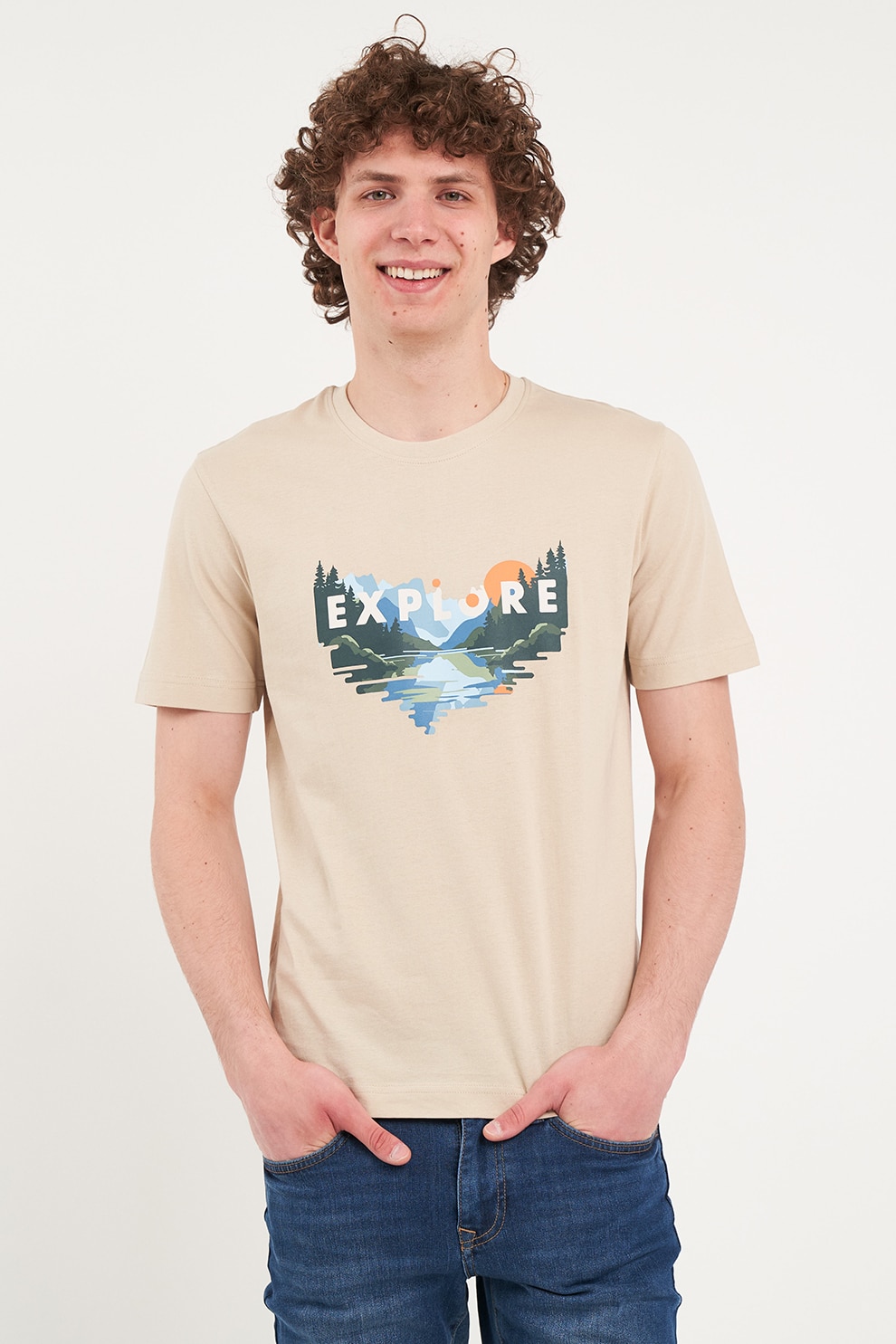 KVL by KENVELO, Tricou cu decolteu la baza gatului si model grafic, Verde inchis, Maro nisip, 2XL