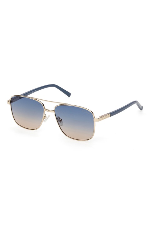 Guess, Унисекс слънчеви очила Aviator с метална рамка, 54-15-140, Златист/Прашно синьо