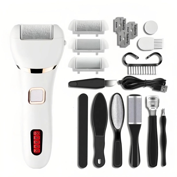 Elektromos bőrkeményedés-eltávolító, SWAREY, 2 sebességfokozat, 3 cserélhető fej, USB töltés, mosható, lábápoláshoz