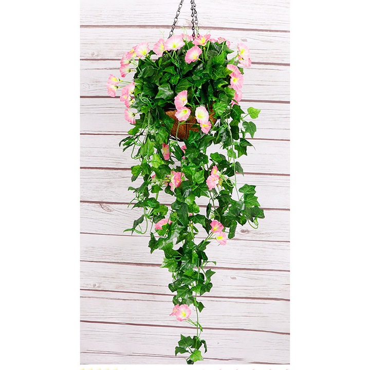 Cos cu Flori Artificiale Suspendate, Feicaeesa®, Cu Gloria Diminetii Artificiali si Ratan Artificial, Roz deschis, Set cu Cosuri Agatate